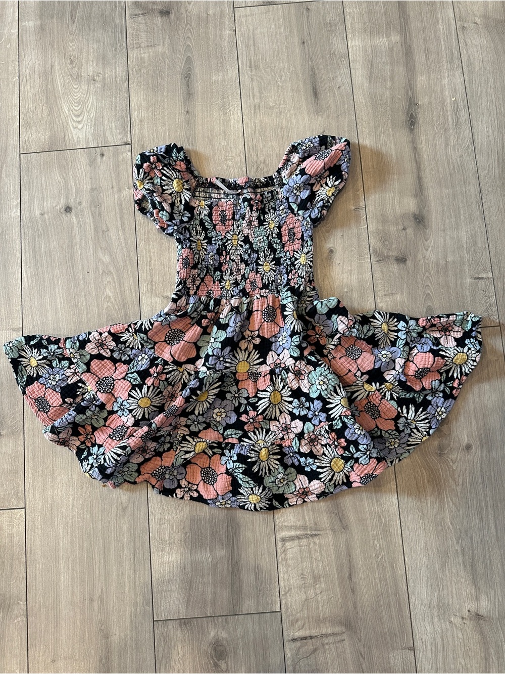 fabkids Black Floral Smocked Fit-and-Flare Dress with Pink, Yellow, Blue Flowers